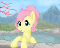 Size: 1280x1024 | Tagged: safe, artist:podiponi, fluttershy, pegasus, pony, g4, alternate hairstyle, cute, ear fluff, female, folded wings, hair bun, happy, heart eyes, hot springs, looking at you, mare, open mouth, outdoors, scenery, shyabetes, smiling, solo, three quarter view, water, wingding eyes, wings