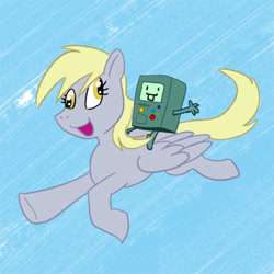 Size: 400x400 | Tagged: safe, artist:carelessdoodler, derpy hooves, pegasus, pony, g4, adventure time, bmo, crossover, cutie mark, digital art, duo, female, flying, male, open mouth, simple background, sky, spread wings, tail, wings