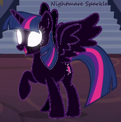 Size: 340x343 | Tagged: safe, artist:pagiepoppie12345, edit, edited screencap, screencap, twilight sparkle, alicorn, pony, g4, 1000 hours in ms paint, black tears, crying, dark magic, evil, evil twilight, glowing eyes, magic, possessed, smiling, twilight sparkle (alicorn)