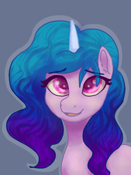 Size: 1080x1440 | Tagged: safe, artist:shaslan, izzy moonbow, pony, unicorn, g5, blue background, female, looking at you, mare, open mouth, simple background, solo