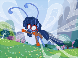 Size: 800x600 | Tagged: safe, artist:flash equestria photography, oc, oc only, oc:moonflower mist, breezie, antennae, blue hair, breezie oc, clothes, coat, flower field, flying, glasses, opaque lenses, outdoors, pigtails, show accurate, solo, sweater
