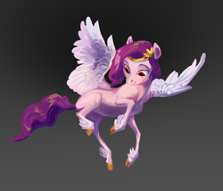 Size: 2554x2183 | Tagged: safe, artist:varwing, pipp petals, pegasus, pony, g5, belly, female, gradient background, high res, looking down, mare, red eyes, red-eyed pipp, skinny pipp, solo, spread wings, unshorn fetlocks, wings