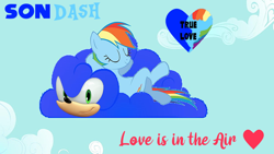 Size: 728x410 | Tagged: safe, artist:pagiepoppie12345, rainbow dash, pegasus, pony, g4, cloud, crossover, crossover shipping, eyes closed, female, heart, love, lying down, lying on a cloud, male, multicolored hair, on a cloud, on back, rainbow hair, shipping, sky, sleeping, sleeping on a cloud, sonic the hedgehog, sonic the hedgehog (series), sonicdash, story included, straight, true love
