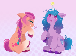 Size: 2732x2037 | Tagged: safe, artist:adostume, izzy moonbow, sunny starscout, earth pony, pony, unicorn, g5, backwards cutie mark, ball, blushing, cute, cutie mark, duo, eyelashes, female, fluffy, high res, horn, horn guard, horn impalement, hornball, izzy's tennis ball, laughing, looking up, mare, one leg raised, raised hoof, simple background, sitting, smiling, sports, surprised, tennis ball, unshorn fetlocks