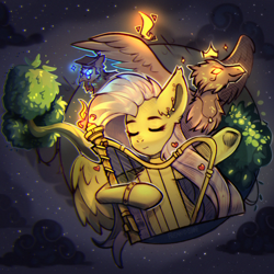 Size: 2000x2000 | Tagged: safe, artist:freak-side, fluttershy, bird, owl, pegasus, phoenix, pony, g4, bracelet, bust, ear piercing, eyes closed, fantasy, female, harp, heart, high res, jewelry, mare, musical instrument, piercing, playing instrument, solo, tree branch, wings