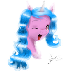 Size: 1023x1080 | Tagged: safe, artist:jorge123esp, izzy moonbow, pony, unicorn, g5, bust, female, mare, one eye closed, open mouth, portrait, signature, simple background, solo, tongue out, white background