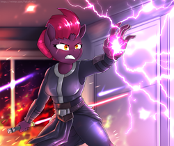 Size: 4500x3776 | Tagged: safe, artist:felixf, tempest shadow, unicorn, anthro, g4, crossover, female, lightning, lightsaber, sith, solo, star wars, weapon