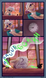 Size: 750x1250 | Tagged: safe, artist:violettacamak, mayor mare, earth pony, pony, comic:royal pains, g4, bored, clock, evening, facedesk, female, glasses, groan, hooves, inkwell, mare, office, open mouth, pen, quill, solo, tired