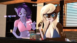 Size: 1920x1080 | Tagged: safe, artist:anthroponiessfm, oc, oc:raven storm, oc:starry snow, deer, deer pony, original species, anthro, 3d, belly button, breasts, chocolate, cleavage, clothes, comic, context is for the weak, deer oc, eating, female, food, glasses, kinder egg, shirt, source filmmaker, toy