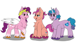 Size: 4500x2500 | Tagged: safe, artist:dracoflames, izzy moonbow, pipp petals, sunny starscout, earth pony, pegasus, pony, unicorn, g5, backwards cutie mark, chest fluff, cutie mark, ear fluff, high res, isaac crestie, looking at each other, male, open mouth, pip corolla, raised hoof, red eyes, red-eyed pipp, rule 63, simple background, sitting, stallion, sun starchaser, transparent background, unshorn fetlocks