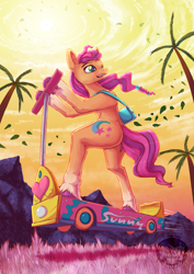 Size: 1029x1455 | Tagged: safe, artist:calena, sunny starscout, earth pony, pony, semi-anthro, g5, arm hooves, bag, cute, grass, leaves, mountain, palm tree, perspective, scooter, signature, solo, sun, sunny's bag, tree