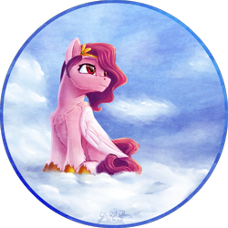 Size: 1327x1327 | Tagged: safe, artist:thatonegib, pipp petals, pegasus, pony, g5, adorapipp, chest fluff, cloud, cute, female, mare, red eyes, red-eyed pipp, signature, sitting, sky, solo, unshorn fetlocks