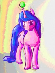 Size: 753x990 | Tagged: safe, artist:phutashi, izzy moonbow, pony, unicorn, g5, ball, bracelet, female, front view, full face view, horn, horn cap, horn guard, horn impalement, hornball, izzy's tennis ball, jewelry, looking at you, smiling, solo, standing, tennis ball