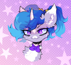 Size: 892x818 | Tagged: safe, artist:astralblues, oc, oc only, oc:astral blues, pony, unicorn, alternate hairstyle, bowtie, bust, chest fluff, coat markings, cute, ear fluff, facial markings, female, floppy ears, fluffy, looking at you, mare, pale belly, pigtails, ponytail, portrait, shy, smiling, snip (coat marking), solo, star (coat marking), twintails, white belly