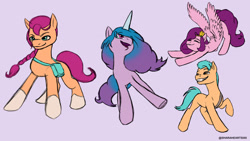 Size: 1280x720 | Tagged: safe, artist:sharaheart, hitch trailblazer, izzy moonbow, pipp petals, sunny starscout, earth pony, pegasus, pony, unicorn, g5, eyes closed, female, grin, male, mare, open mouth, raised hoof, simple background, skinny pipp, smiling, stallion, stretching, teeth