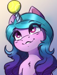 Size: 3000x4000 | Tagged: safe, artist:faline-art, izzy moonbow, pony, unicorn, g5, ball, chest fluff, female, gradient background, high res, horn, horn guard, horn impalement, hornball, izzy's tennis ball, mare, solo, tennis ball