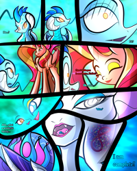Size: 2400x3000 | Tagged: safe, artist:keytee-chan, applejack, fluttershy, pinkie pie, princess ember, rainbow dash, rarity, starlight glimmer, sunset shimmer, twilight sparkle, oc, oc:empress eternal party, oc:queen supreme ball, alicorn, dragon, pony, comic:the great big fusion 1 remake, g4, comic, fusion, fusion:empress eternal party, fusion:queen all nighter, hair bun, high res, lipstick