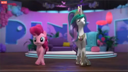 Size: 1125x633 | Tagged: safe, screencap, pinkie pie, princess celestia, alicorn, earth pony, pony, g4, hello pinkie pie, 3d, cgi, dancing, female, height difference, lost media, mare