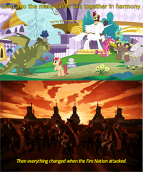 Size: 1280x1539 | Tagged: safe, edit, edited screencap, screencap, ballista, fall foliage, pixy canela, rex, seaglass, yarrow, changedling, changeling, dragon, kirin, pony, unicorn, yak, g4, the last problem, avatar the last airbender, background changeling, background dragon, background kirin, background pony, background yak, canterlot, caption, cloven hooves, cute, dragoness, female, fire nation, flower, hair over eyes, horn, horn ring, image macro, implied interspecies, male, mare, not autumn blaze, rexcanela, ring, romantic gesture, shipping, statue, straight, tail stand, text