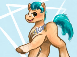 Size: 1280x960 | Tagged: safe, artist:flurryheart04, hitch trailblazer, earth pony, pony, g5, abstract background, blushing, looking at you, male, open mouth, solo, stallion, unshorn fetlocks