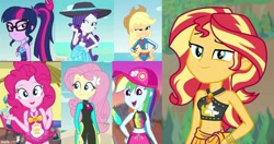 Size: 949x500 | Tagged: safe, artist:royalsilver4, edit, screencap, applejack, fluttershy, pinkie pie, rainbow dash, rarity, sci-twi, sunset shimmer, twilight sparkle, equestria girls, equestria girls specials, friendship math, g4, i'm on a yacht, my little pony equestria girls: better together, my little pony equestria girls: forgotten friendship, bikini, cap, clothes, fluttershy's wetsuit, geode of empathy, geode of fauna, geode of shielding, geode of sugar bombs, geode of super speed, geode of super strength, geode of telekinesis, hat, humane five, humane seven, humane six, magical geodes, sarong, sleeveless, sun hat, swimsuit, wetsuit