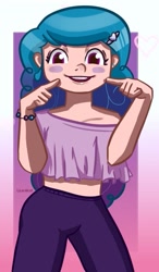 Size: 411x704 | Tagged: safe, artist:lizardicot, izzy moonbow, human, g5, abstract background, blushing, clothes, ear piercing, female, heart, humanized, looking at you, midriff, off shoulder, open mouth, pants, piercing, pointing, shirt, short shirt, solo