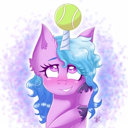 Size: 2297x2297 | Tagged: safe, artist:galaxy swirl, izzy moonbow, pony, unicorn, g5, abstract background, ball, blushing, ear fluff, female, grin, high res, horn, horn guard, horn impalement, hornball, izzy's tennis ball, looking up, mare, smiling, solo, teeth, tennis ball