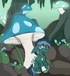 Size: 1272x1388 | Tagged: safe, artist:rokosmith26, oc, oc only, mushroom pony, original species, pony, cave, cavern, chest fluff, floppy ears, fluffy, green eyes, hoof fluff, looking up, male, markings, moss, mushroom, open mouth, sitting, sketch, solo, stalactites, stallion, tail