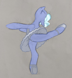 Size: 1458x1573 | Tagged: safe, artist:saby, sugarcoat, earth pony, pony, equestria girls, g4, alternate hairstyle, arabesque, backbend, ballerina, ballet, ballet slippers, bipedal, clothes, colored sketch, dancing, drawthread, equestria girls ponified, eyes closed, gray background, ponified, simple background, solo, standing, standing on one leg, tutu