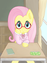 Size: 768x1024 | Tagged: safe, artist:podiponi, fluttershy, pegasus, pony, g4, book, classroom, clothes, cute, female, front view, full face view, glasses, hoof on cheek, indoors, looking at you, mare, pencil case, round glasses, school, school uniform, shyabetes, sitting, smiling, solo, table, window
