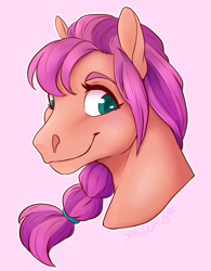 Size: 537x689 | Tagged: safe, artist:bekuno, sunny starscout, earth pony, pony, g5, braid, bust, female, hoers, looking at you, mare, portrait, simple background, smiling, solo