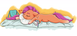 Size: 3000x1401 | Tagged: safe, artist:ratann, princess celestia, sunny starscout, earth pony, pony, g5, bed, eyes closed, female, floppy ears, heart, mare, pillow, signature, sleeping, solo, toy