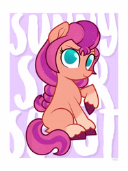 Size: 2998x3998 | Tagged: safe, artist:tokkii, derpibooru exclusive, sunny starscout, earth pony, pony, g4, g5, abstract background, female, g4 style, high res, looking at you, raised hoof, sitting, smiling, solo