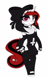 Size: 1912x3000 | Tagged: safe, artist:lockheart, oc, oc only, oc:lilith, unicorn, semi-anthro, arm hooves, belly button, clothes, female, freckles, inverted cross, leggings, mare, nun outfit, piercing, socks, solo, thigh highs