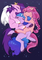 Size: 1431x2048 | Tagged: safe, artist:swaybat, izzy moonbow, pipp petals, sunny starscout, earth pony, pegasus, pony, unicorn, g5, abstract background, braid, chest fluff, cuddling, eyes closed, female, floppy ears, mare, sleeping, spread legs, spreading, unshorn fetlocks, wings