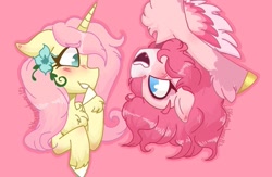 Size: 781x508 | Tagged: safe, artist:i.likenumbers123, fluttershy, pinkie pie, pegasus, pony, unicorn, g5, blushing, female, flower, flower in hair, fluttershy (g5 concept leak), g5 concept leaks, hoof fluff, horn, lesbian, mare, open mouth, pegasus pinkie pie, pink background, pinkie pie (g5 concept leak), race swap, ship:flutterpie, shipping, simple background, smiling, unicorn fluttershy, upside down, wings