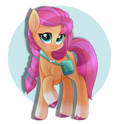 Size: 1024x1024 | Tagged: safe, artist:mimijuliane, sunny starscout, earth pony, pony, g5, badge, bag, blushing, cute, cutie mark, female, implied fluttershy, implied rainbow dash, implied twilight sparkle, looking at you, mare, pins, satchel, solo, sunny's bag, sunnybetes