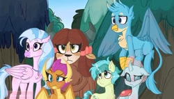 Size: 681x387 | Tagged: safe, artist:i.likenumbers123, gallus, ocellus, sandbar, silverstream, smolder, yona, changedling, changeling, dragon, earth pony, griffon, hippogriff, pony, yak, g4, non-compete clause, female, floppy ears, frown, lidded eyes, male, ocellus is not amused, outdoors, raised eyebrow, scene interpretation, smolder is not amused, student six, unamused, yona is not amused