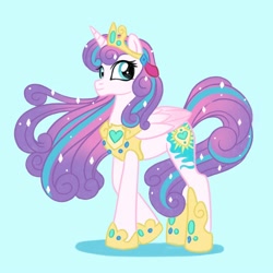Size: 2000x2000 | Tagged: safe, artist:mediocremare, princess flurry heart, alicorn, crystal pony, pony, g4, blue background, crown, female, high res, hoof shoes, jewelry, mare, older, older flurry heart, peytral, regalia, simple background, smiling, solo