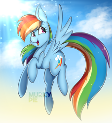 Size: 1724x1900 | Tagged: safe, artist:murkypie, rainbow dash, pegasus, pony, g4, backwards cutie mark, cloud, female, flying, mare, open mouth, sky, smiling, solo, spread wings, wings