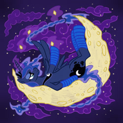 Size: 2000x2000 | Tagged: safe, artist:mediocremare, princess luna, alicorn, pony, g4, bedroom eyes, braided ponytail, braided tail, clothes, cloud, crescent moon, ethereal mane, ethereal tail, eyelashes, female, glowing horn, high res, horn, jewelry, lidded eyes, lying down, mare, moon, night, on back, outdoors, peytral, sky, smiling, socks, solo, stars, striped socks, tangible heavenly object, tiara, transparent moon, wings