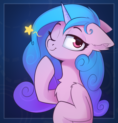 Size: 636x661 | Tagged: safe, artist:anti1mozg, izzy moonbow, pony, unicorn, g5, chest fluff, ear fluff, female, floppy ears, leg fluff, looking at you, mare, one eye closed, smiling, solo, stars, wink