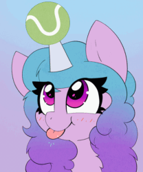 Size: 766x920 | Tagged: safe, artist:pegamutt, izzy moonbow, pony, unicorn, g5, :p, animated, ball, blushing, chest fluff, cute, female, gradient background, horn, horn guard, horn impalement, hornball, izzy's tennis ball, izzybetes, mare, onomatopoeia, raspberry, raspberry noise, silly, silly pony, solo, tennis ball, tongue out, weapons-grade cute