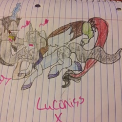 Size: 1080x1080 | Tagged: safe, artist:cocolove2176, discord, oc, draconequus, pony, unicorn, g4, blushing, canon x oc, colored hooves, heart, horn, lined paper, male, traditional art, unicorn oc