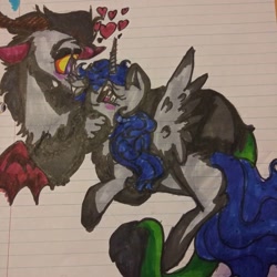 Size: 1080x1080 | Tagged: safe, artist:cocolove2176, discord, oc, alicorn, draconequus, pony, g4, alicorn oc, blushing, canon x oc, colored hooves, heart, horn, lined paper, male, traditional art, wings