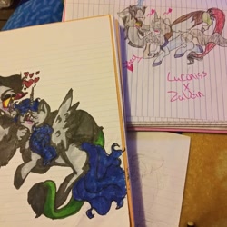 Size: 1080x1080 | Tagged: safe, artist:cocolove2176, discord, oc, alicorn, draconequus, pony, unicorn, g4, alicorn oc, blushing, canon x oc, colored hooves, heart, horn, lined paper, male, redraw, traditional art, unicorn oc, wings