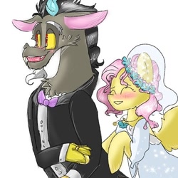 Size: 540x540 | Tagged: safe, artist:cocolove2176, discord, fluttershy, draconequus, pegasus, pony, g4, blushing, bowtie, clothes, dress, eyes closed, female, male, mare, ship:discoshy, shipping, straight, suit, wedding dress, wedding veil, wings