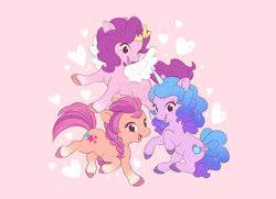 Size: 1108x800 | Tagged: safe, artist:celesse, izzy moonbow, pipp petals, sunny starscout, earth pony, pegasus, pony, unicorn, g5, cute, female, heart, mare, one eye closed, open mouth, pink background, red eyes, red-eyed pipp, simple background, trio, wink