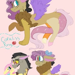 Size: 899x899 | Tagged: safe, artist:cocolove2176, discord, oc, oc:coraliss rose, draconequus, hybrid, pegasus, pony, g4, bust, draconequus oc, heart, heterochromia, interspecies offspring, male, offspring, parent:discord, parent:fluttershy, parents:discoshy, pink background, simple background, smiling