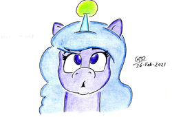 Size: 1024x696 | Tagged: safe, artist:gafelpoez, izzy moonbow, pony, unicorn, g5, ball, female, horn, horn guard, horn impalement, hornball, izzy's tennis ball, solo, tennis ball, traditional art